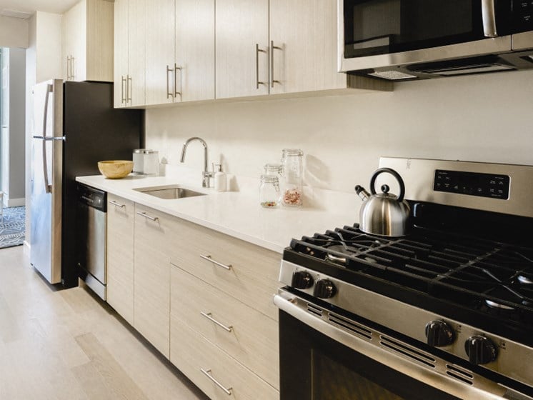 kitchen in a studio apartment  at Tower 28, Long Island City, New York